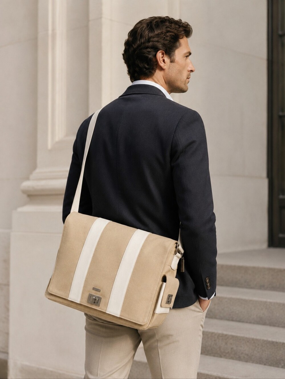 Skagen Beige Canvas & White Leather Messenger Bag – Classic & Versatile!